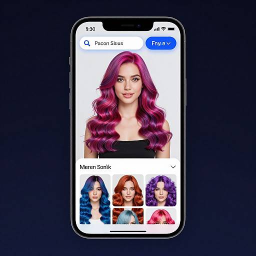 Photograph of a smartphone screen displaying a purple-haired woman's profile in the 