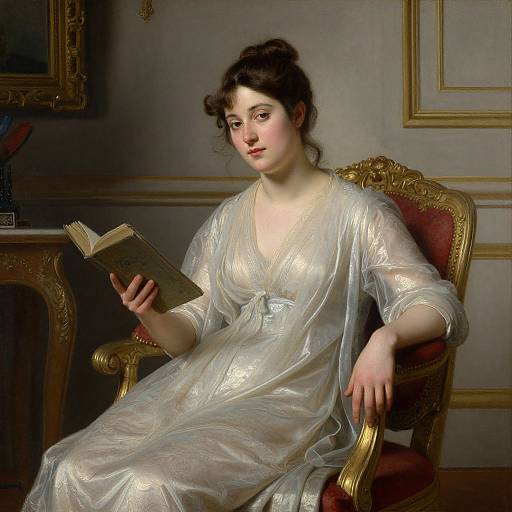 Photorealistic painting of a fair-skinned woman with dark hair in a translucent, white, 19th-century gown, reading a book in an