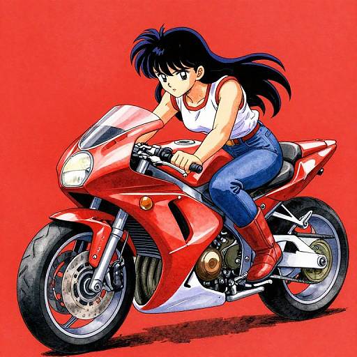Anime-style illustration of a black-haired woman with a white tank top and blue jeans riding a red sport motorcycle against a bright red background.