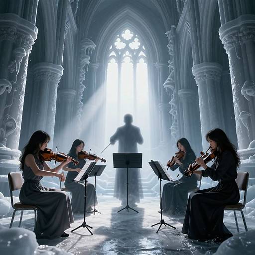 Photograph of three female violinists in dark dresses, playing in a grand, Gothic cathedral with sunlight streaming through a tall, arched window.