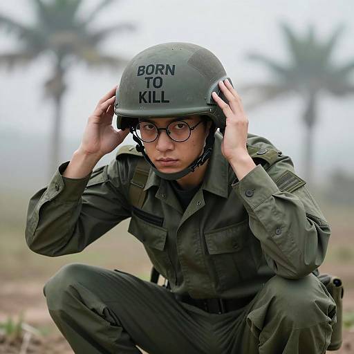 Intense Soldier Adjusting Green Helmet