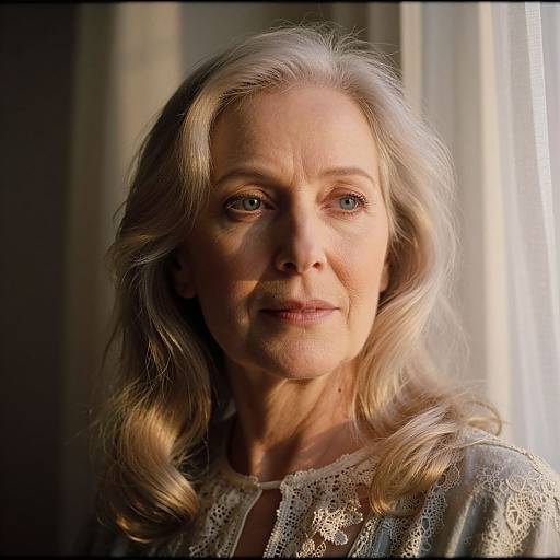 Photograph of an elderly white woman with long, wavy, silver hair, wearing a lace top, illuminated by sunlight from the right.