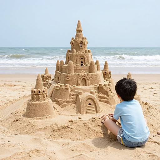 Photograph of a young Asian boy with short black hair, wearing a light blue shirt and gray shorts, sitting on a sandy beach, admiring his