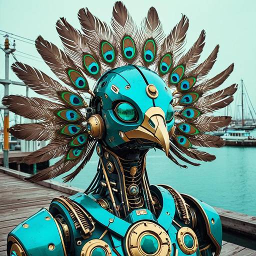 Turquoise and Gold Peacock Robot with Plasmatic Feathers