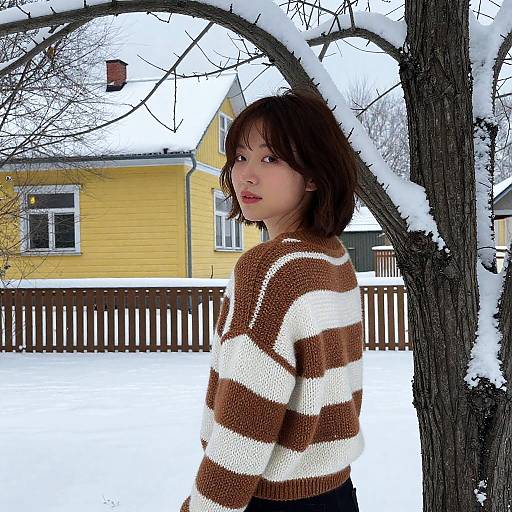 Woman in Brown and White Sweater in Snowy Yard