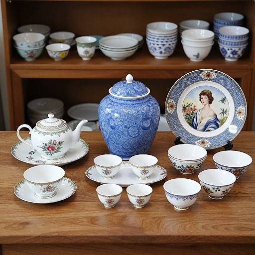 Photograph of a wooden shelf displaying a blue porcelain tea set with floral patterns, white cups, saucers, teapot, and a plate featuring