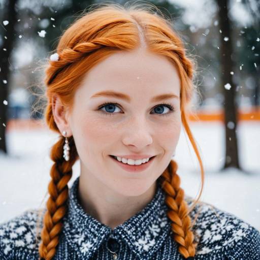 Red-haired woman with braids smiling in snow