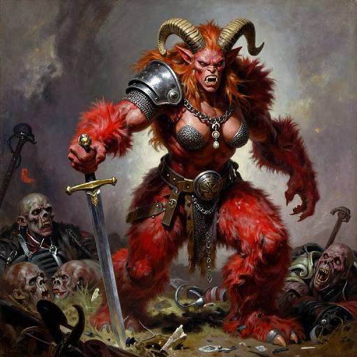 Digital painting of a fierce, red-furred demon warrior with large horns, wearing armor and chainmail, standing over slain skeletons with a sword in hand