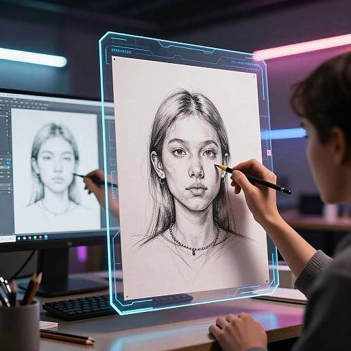 Digital artist drawing realistic black-and-white portrait on glowing tablet screen, illuminated by neon lights, with another sketch on a nearby monitor.