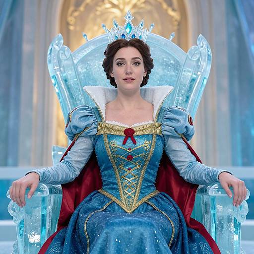 Photorealistic CGI of a fair-skinned woman with short brown hair, wearing a blue, gold-embroidered gown and icy throne, seated