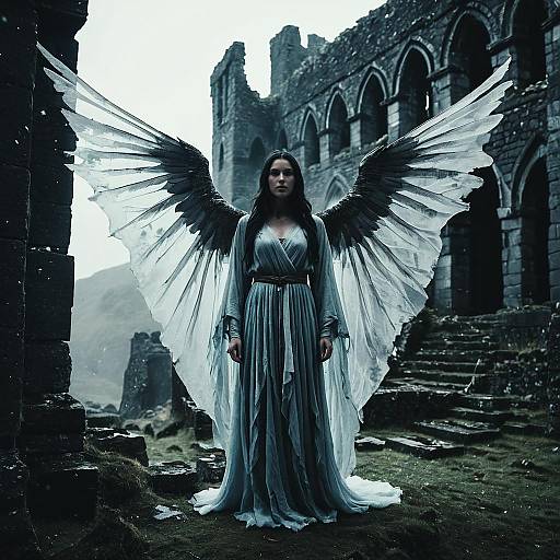 Ethereal Banshee with Translucent Wings in Ancient Ruins
