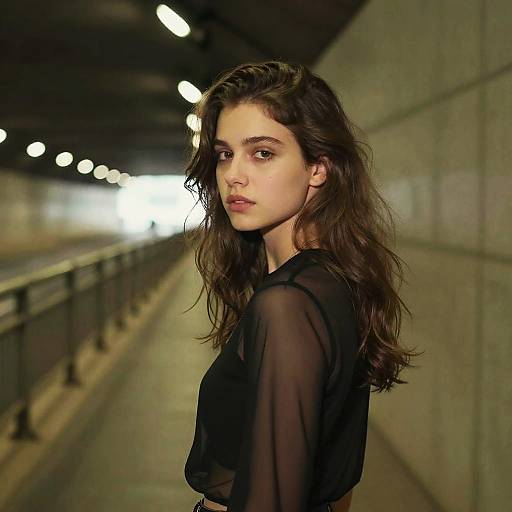 Photograph of a young woman with wavy brown hair, wearing a sheer black top, standing in a dimly lit underground tunnel, with bright lights