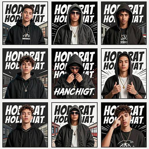 Photograph collage of a young man with curly hair, wearing black hoodies and hats, posing in front of bold 