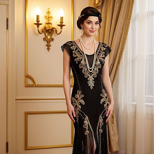 Photograph of a stylish woman with short black hair, wearing a black evening gown with gold floral embroidery, pearl necklace, and earrings, standing in an