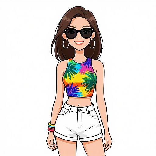 Digital illustration of a smiling woman with brown hair, wearing black sunglasses, a colorful tie-dye crop top, white high-waisted shorts, and