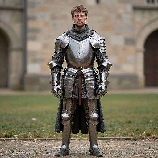 Photograph of a young Caucasian man in shiny silver medieval armor with a black cloak, standing on grass in front of a stone castle. Serious expression,