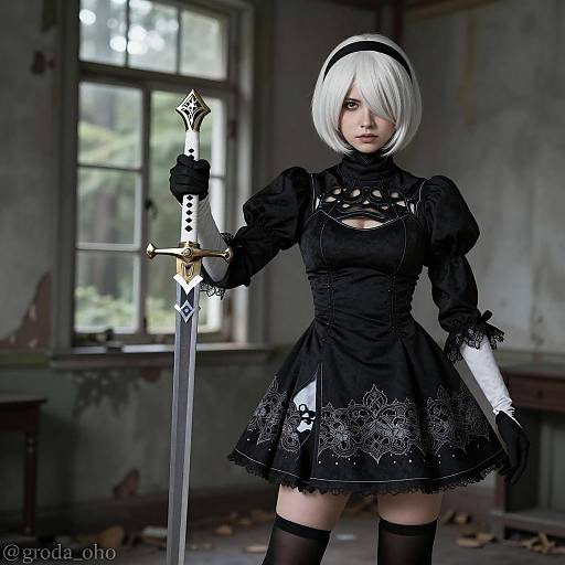 Cosplayer in Black Dress Holding Sword