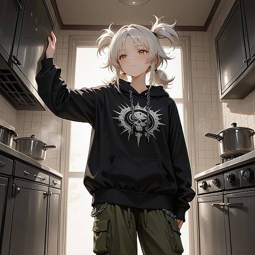 Platinum Quad-Tails Girl in Gothic Kitchen