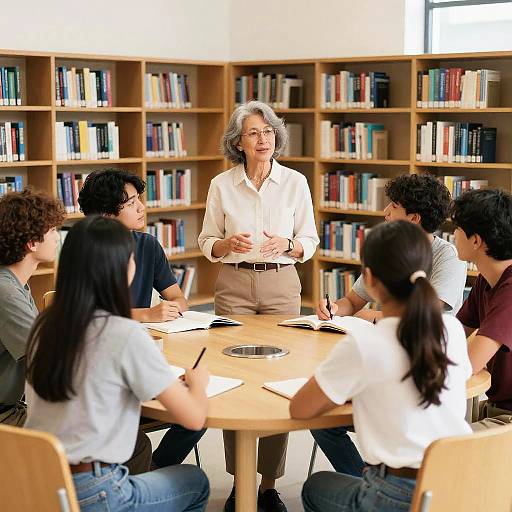 Older Woman Teacher Leading Teen Library Discussion