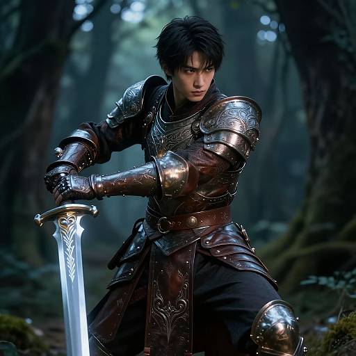 Digital artwork of a serious young male warrior in detailed, shiny medieval armor, holding a glowing sword in a dark, misty forest.