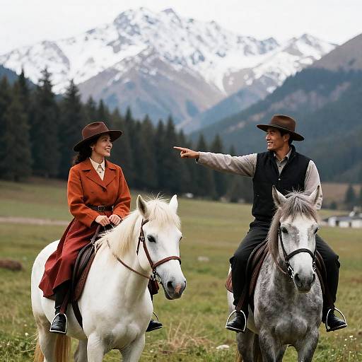 Couple Horseback Riding in Mountain Meadow