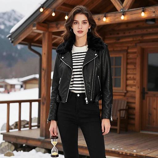 Chic Hourglass Woman in Mountain Cabin