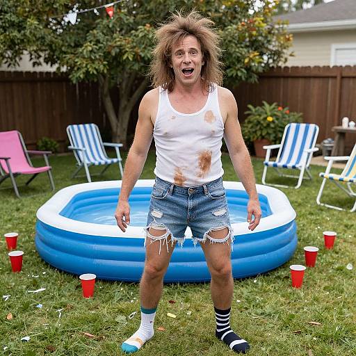 Photograph of a messy, disheveled woman in a white, stained tank top and ripped denim shorts, standing in a backyard with an inflatable pool