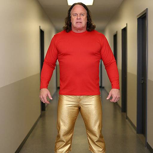 Photograph of a heavyset man with long brown hair, wearing a red long-sleeve shirt and shiny gold pants, standing in a long,