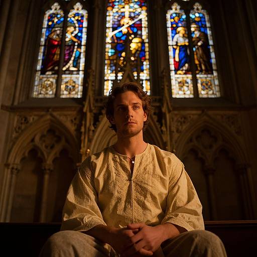 Photograph of a young man with wavy brown hair, wearing a cream-colored, embroidered tunic, sitting in front of vibrant, medieval stained glass