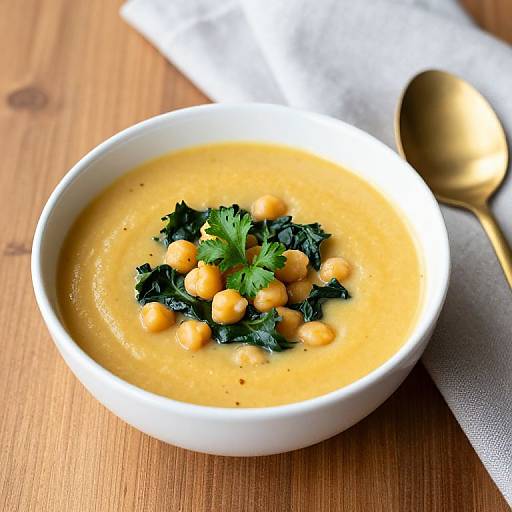 Photograph of creamy orange soup with chickpeas, dark leafy greens, and parsley in a white bowl on a wooden table. Gold spoon on