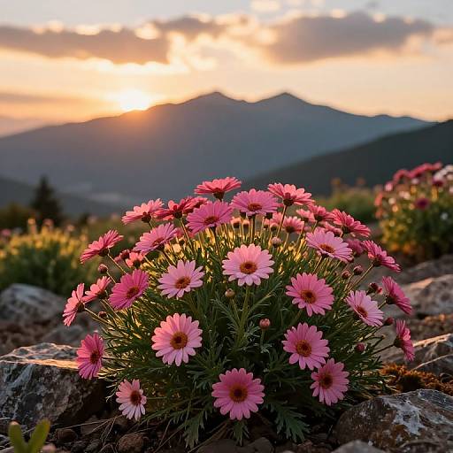 Sunset over Pink Daisies and Mountains