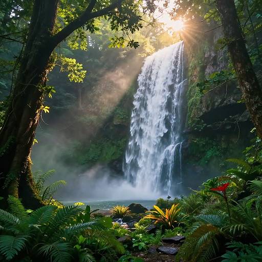 Photograph of a lush forest waterfall with sunlight streaming through leaves, mist rising from the base, and vibrant green ferns in the foreground.