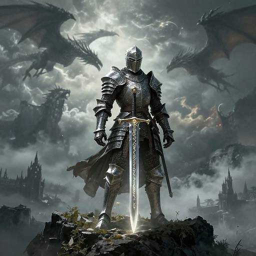Digital fantasy artwork of a armored knight with a glowing sword, standing on a rocky outcrop, facing two menacing dragons in a stormy, castle-filled
