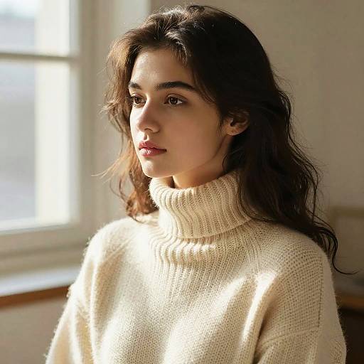 Photograph of a young woman with long dark hair, fair skin, and brown eyes, wearing a cream knitted turtleneck sweater, standing in