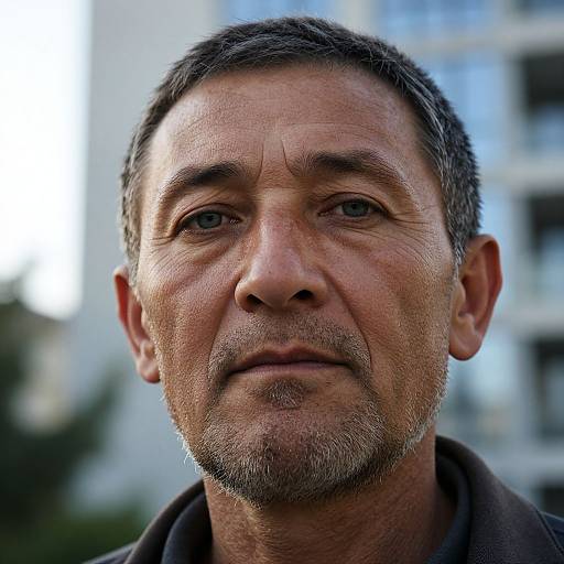Close-up photograph of a middle-aged man with short gray hair, stubble, and blue eyes, wearing a dark jacket, against a blurred urban background