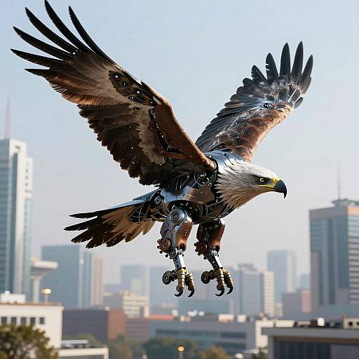 Robotic Eagle Soaring Over City