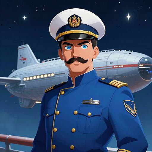 Digital illustration of a stern-looking male pilot with blue eyes, thick mustache, and white naval cap, standing in front of a white airplane at night