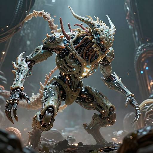 CGI artwork of a menacing, cybernetic creature with horned, tentacle-like appendages, glowing blue eyes, and mechanical limbs in a