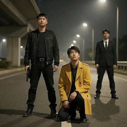 Three Men on Road at Night