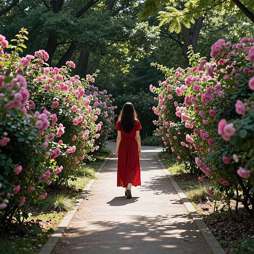 Photograph of a woman in a red dress walking down a sunlit path flanked by blooming pink roses in a lush, green garden.