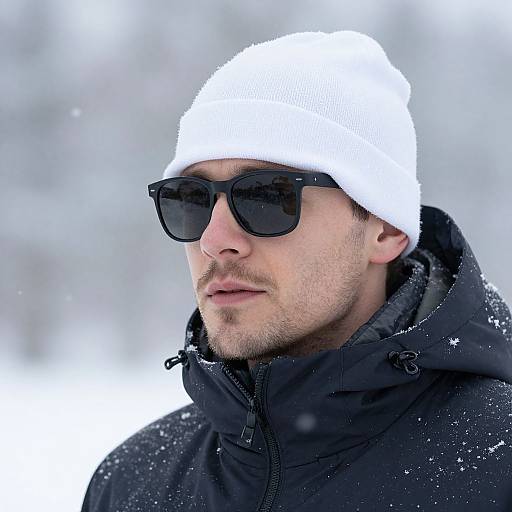 Photograph of a bearded man in a white knit hat, black sunglasses, and black winter jacket, standing in a snowy background.