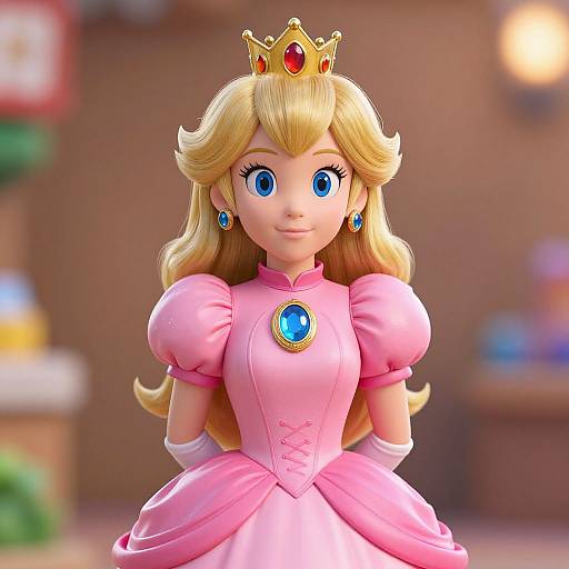Digital CGI image of Princess Peach from Mario series, with blonde hair, blue eyes, pink dress, golden crown, blue gem, and earrings. Bl