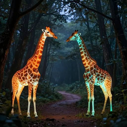 Photograph of two glowing giraffes with neon orange and blue patterns standing on a forest path at night, surrounded by dark trees.