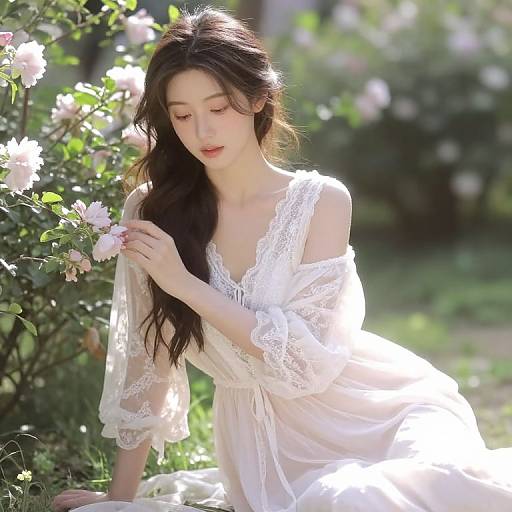 Photograph of a fair-skinned, brunette woman with long hair, wearing a white, lace-trimmed, off-shoulder dress, gently
