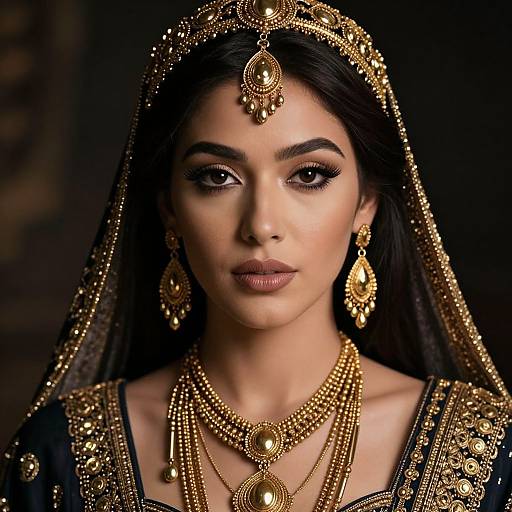 Photograph of a beautiful South Asian woman with dark hair, wearing an elaborate gold headpiece, earrings, necklaces, and a black embroidered veil,