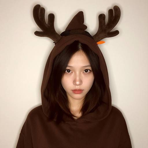Photograph of an East Asian woman with straight black hair, wearing a black hooded sweatshirt with deer antler headband, white background.