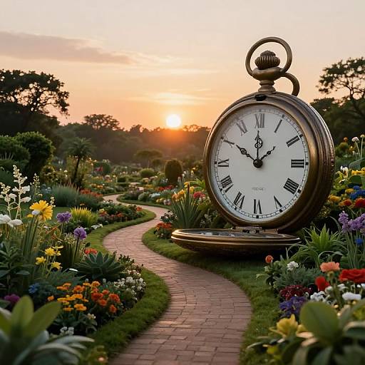 Photograph of a giant, vintage-style clock face standing in a vibrant, colorful garden with a winding brick path and sunset sky.