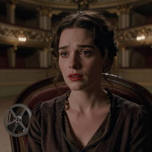 Photograph of a serious, fair-skinned woman with dark brown hair in braids, wearing a brown, V-neck dress, sitting in an orn