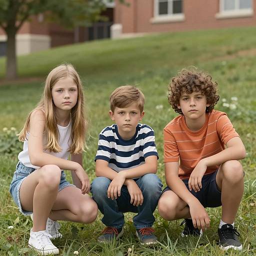 Three Children Posing on Grassy Hill