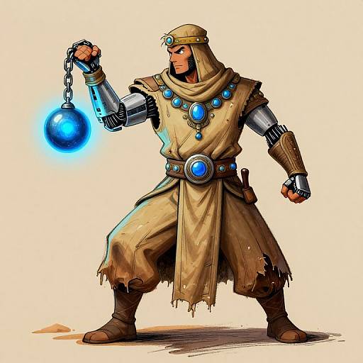 Digital illustration of a muscular, brown-robed wizard with a blue glowing orb on a chain, wearing metallic armguards and turquoise jewels.